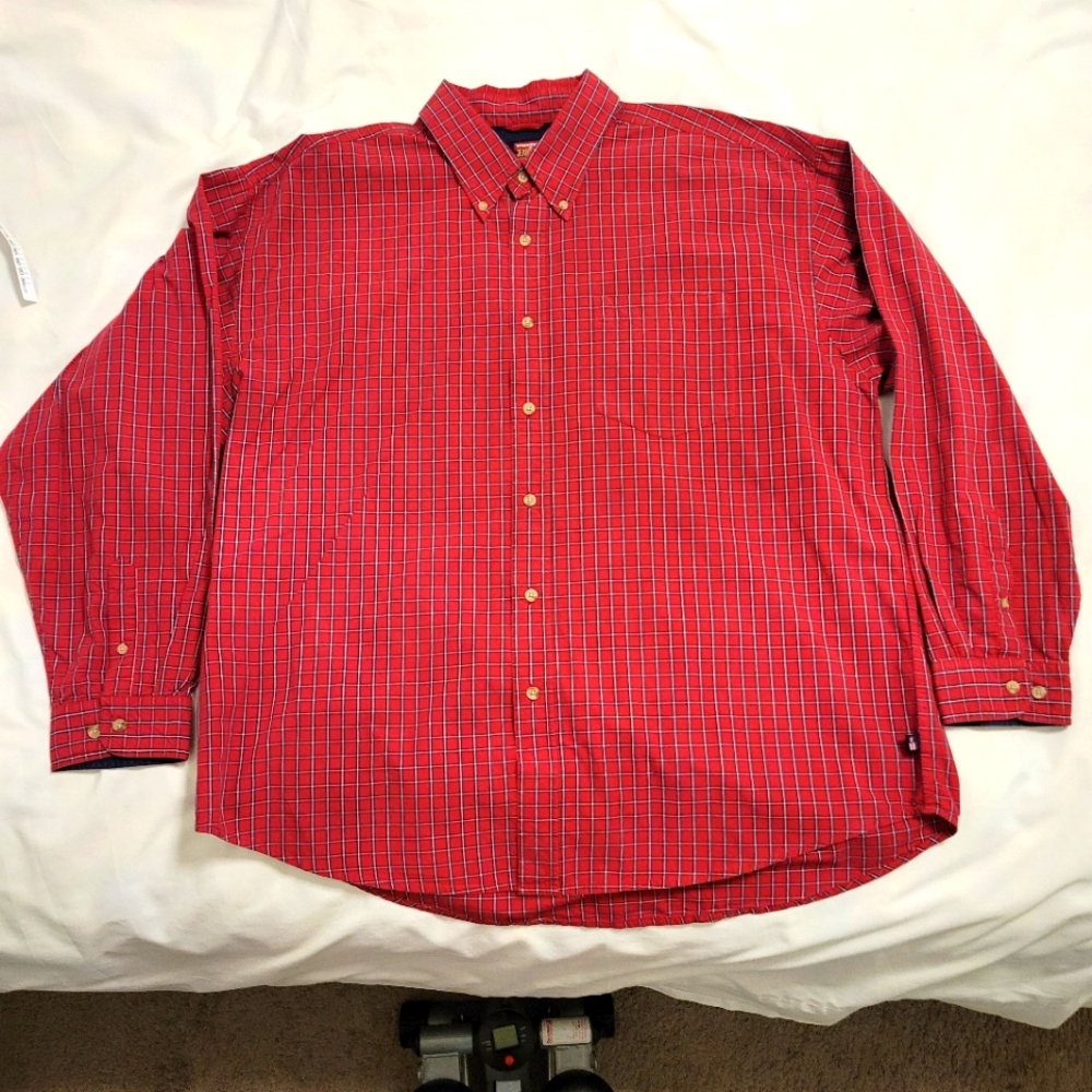 Wrangler Jeans Co Red Plaid 100% cotton  long sleeve button up shirt Men Size XL